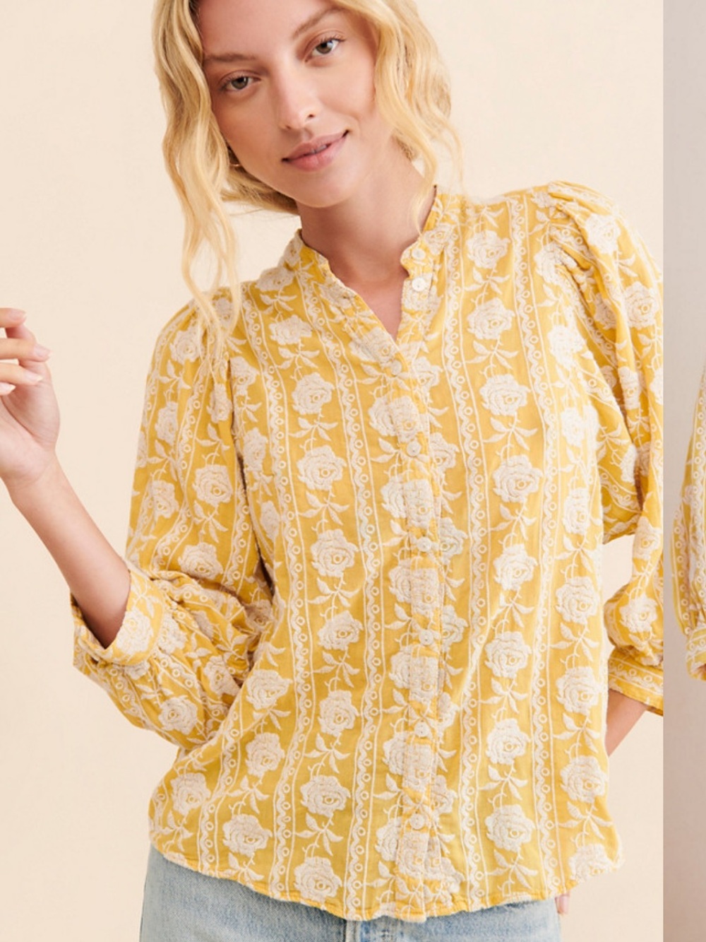 Anthropologie Pilcro The Bella Fenne Rose Mustard & White Button-Up Blouse  XL